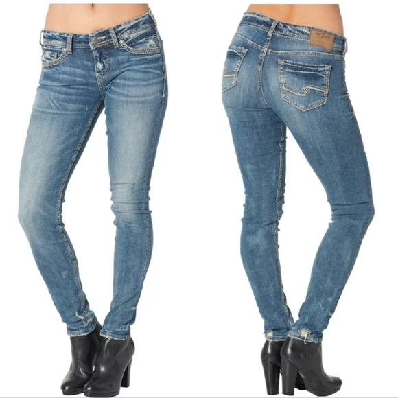 Silver Jeans Co. Aiko High Skinny Jeans W32 Medium Wash Distressed - Picture 1 of 16